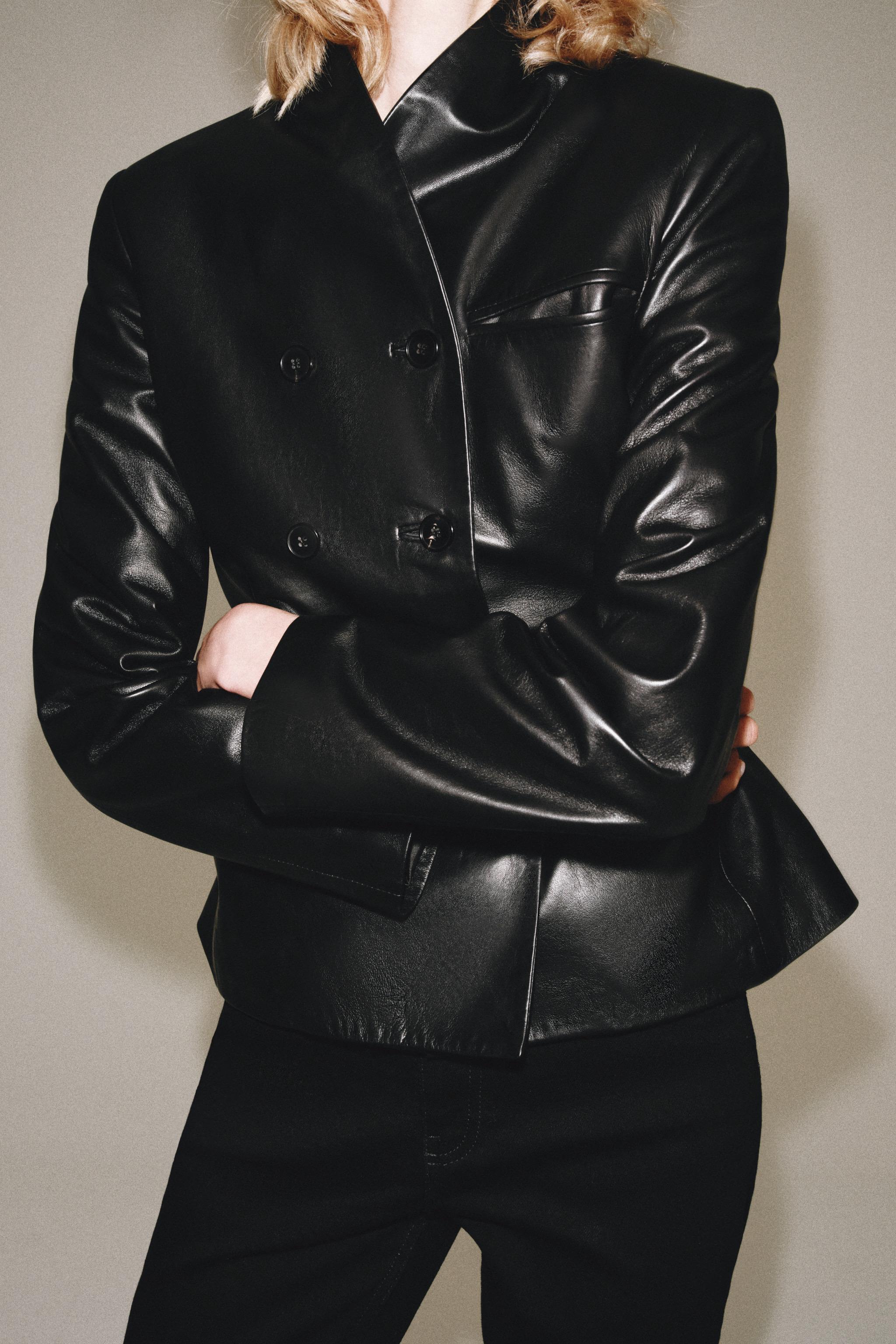 ZW COLLECTION 100% LEATHER DOUBLE-BREASTED BLAZER